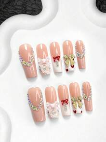 10pcs Valentine's Day Shiny Nail Art Set, Hand-Painted Heart False Nails, French Press-On Nails, Bow Nail Decor, Ballet Style Nails, Gel Nail Kit, Includes Nail Tools (1 Jelly Sticker + 1 Nail File), 3 Sizes Available: Almond, Duck Mouth, Coffin Shape, Suitable For Party, Valentine's Day, Daily Wear - Nhiều màu - Xem 15