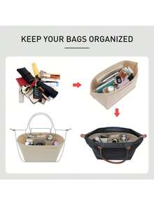 2025款手提包收纳内胆包，多口袋毛毡手提包收纳袋，带拉链和杯架，旅行必备 - 米色 - 查看 3