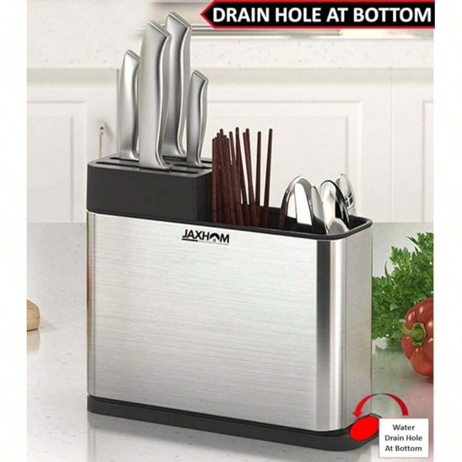 Organizador multifuncional de acero inoxidable para cocina: soporte para cuchillos, cucharas y espátulas con base de plástico ABS, diseño compacto para encimera, ideal para utensilios de cocina domésticos. - Negro - Ver 1