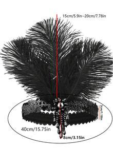 1920s Flapper Clothing And Accessories Set - Roaring Twenties Feather Headband, Long Pearl Necklace, Fringed Earrings, Black Gloves, Ladies' Halloween Party Costume Handheld Items