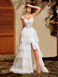 Women's Autumn White Bridal Gown, Multi-Layered Ruffle A-Line Bridesmaid Dress, Solid Color Elegant Wedding Mother's Outfit With Pearl Embroidery & Back Tie Design | Spaghetti Strap Maxi Dress, Suitable For Halloween, Homecoming, Prom, Wedding Guest Attire, Formal Occasions | Exquisite Craftsmanship, Party - White - View 7