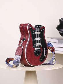 2025 New Personalised Y2K Baddie Retro Mini Guitar Bag, Bass Guitar Asymmetric Shaped Shoulder Messenger Bag With Chain, Rivet Decor Contrast Color Wide Strap, Unisex Streetwear (Small Size) - Màu Đỏ Sâu - Xem 7