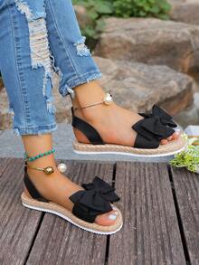 蝴蝶结花朵装饰女士沙滩凉鞋，甜美仙女风，百搭，防滑软底，夏季海滩度假 - 黑色 - 查看 5