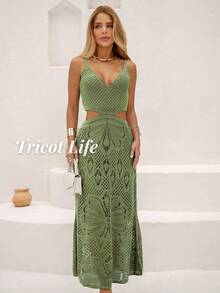 Women's Midi Dress, Knit With Lace, Party, Beach, Sophisticated, New Year's Eve, Christmas, Vacation, Beach, Wedding, Bridesmaid - 橄欖綠 - 查看 3