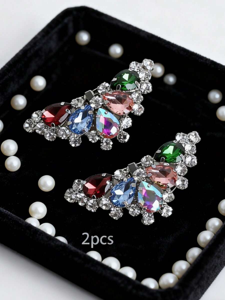 2pcs Multi-Color Rhinestone Inlaid Bowknot Metal Decor, Fashion Exquisite Classic Cute DIY High Heel Shoes Decoration, Suitable For Elegant Sexy Ladies Date Shoes, Sneakers, Brooch, Bag Clips, Home Accessories, Versatile Decoration - Multicolor - View 1