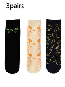 3/5 pares de calcetines para hombre, diseño de gato negro de dibujos animados adecuado para Halloween, calcetines divertidos y de uso urbano para hombre hasta el tobillo