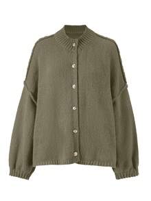 Joy Knit 女式秋冬毛衣，时尚新款 - 简约宽松针织开衫，带金属纽扣，长袖毛衣外套 - 軍綠色 - 查看 4