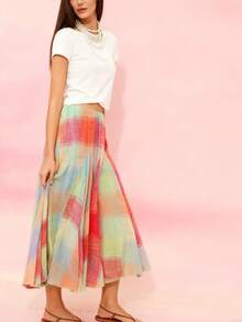 1pc Women's Casual Colorful Plaid Mid-Length A-Line Skirt, Suitable For Spring, Summer, Autumn, Daily Wear, Dating, Outing, Park, Party, Beach, Travel, Music Festival, Garden Party, Picnic - Multicolor - View 2