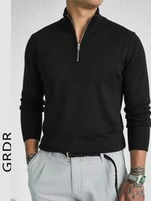 GRDR Men's Casual Long Sleeve Half-Zip Pullover Sweater, Versatile For Daily Wear - Black - View 2