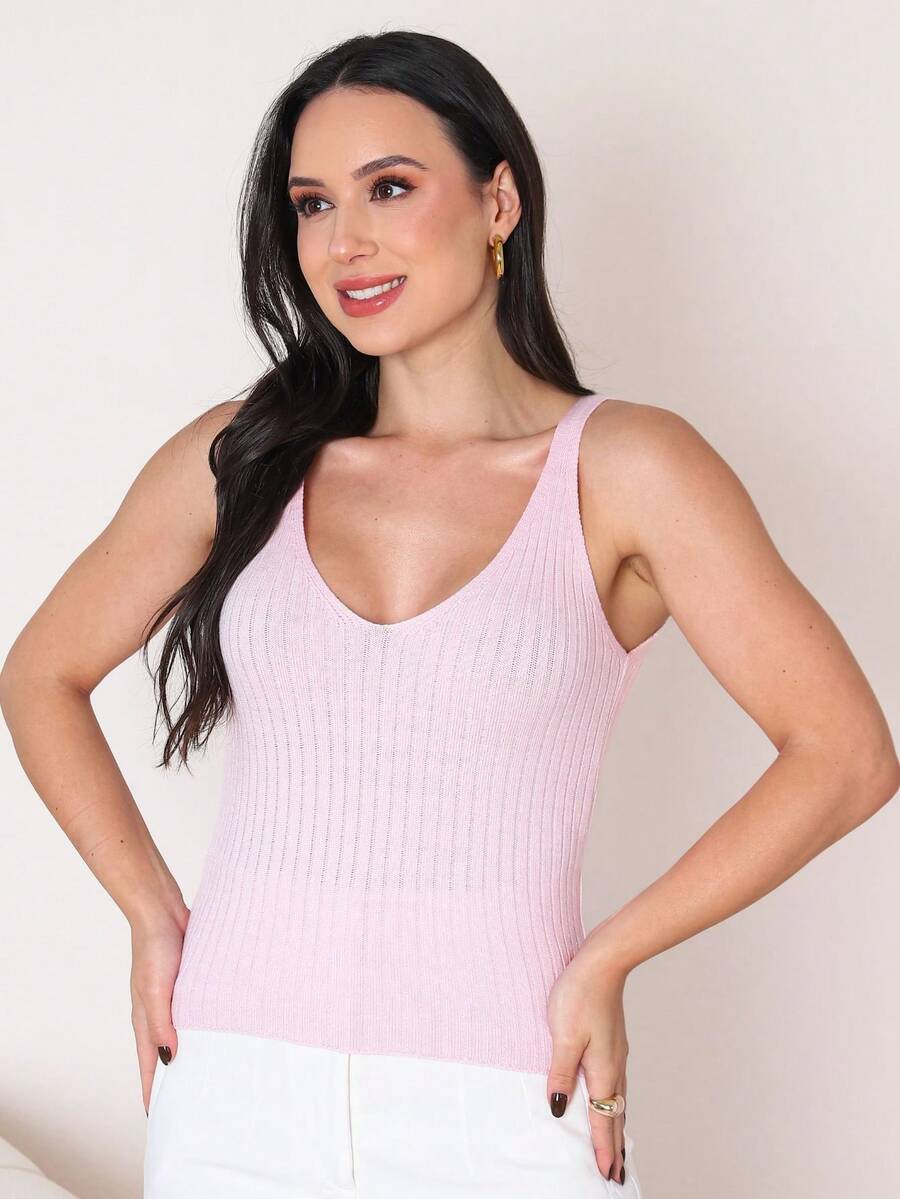Women's Basic Ribbed Modal Knit Tank Top With Wide Straps, Casual Knit Summer Blouse - Rose - View 1