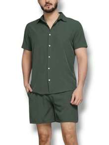 Men's Set: Button-Down Shirt And Shorts, Mauricinho Crepe Style, Sizes P, M, G, GG - Army Green - View 2