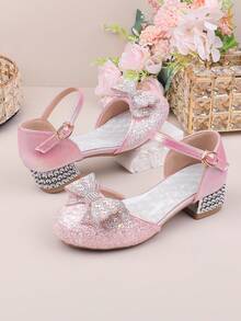 Flower Girl Shoes For Wedding, Party, Holiday, Suitable For Girls Of All Ages, Children Shoes, Classic Comfortable Versatile Small Shoes, Fashion Pink Sequin Bow Tie Pumps, Suitable For Formal Dresses, Performances, Ballet, Princess Shoes