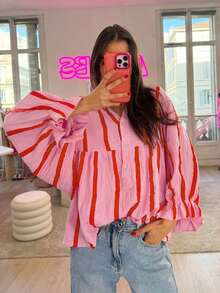 Blusa suelta de mujer a rayas, elegante camisa casual con mangas largas y borde de volantes, adecuada para ir al trabajo, uso diario, citas y salidas en primavera/verano - Rosa - Ver 3