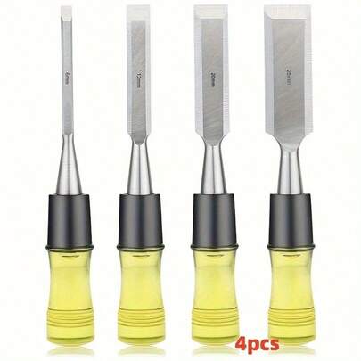 4 Piece Wood Chisel Set For Woodworking, CR-V Steel Beveled Edge Blade, Durable PVC High Impact Handle Wood Chisel Hand Tool