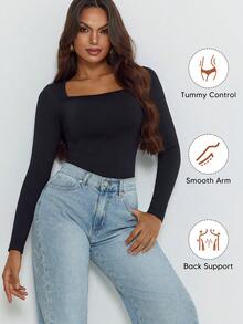 Tricou simplu pentru femei, cu mânecă lungă, guler pătrat, strâmt, pentru ieșiri în oraș - Negru - Vizualizare 4