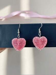 1对全新闪亮心形吊坠耳环，情人节送给朋友的可爱礼物 - 玫瑰紅 - 查看 3
