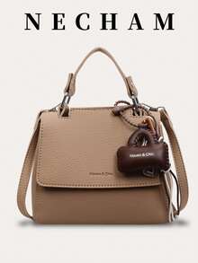 1个（含吊坠）荔枝纹极简手提包，小巧购物钱包，纯色通勤单肩包，女士 - 卡其色 - 查看 4