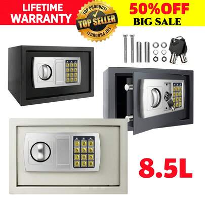 Coffer For Home Fireproof Waterproof With 2 Manual Override Keys, 8.5L Security Coffer Strongbox Cash Box With Double Digital Keypad And Key Lock Cabinet Coffer, Combination Lock, Wall Mounted For Hotel Office, 3 Colors