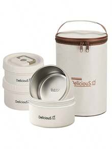 304 Stainless Steel Thermal Lunch Box, Round Multi-Layer Lunch Box With Cover, Multi-Layer Insulated Tape, Microwaveable, Stackable With Storage Bag, For Work/School, Airtight - 藍色 - 查看 2