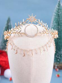 1件优雅女士发饰，锌合金新月星形皇冠头饰，配波西米亚风流苏。 - 金色 - 查看 9