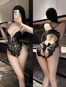 Ladies' Multi-Color Lace Deep V Backless Bodysuit With Sexy Bow And Cutout Design, Light Luxury And Erotic Style Underwear Item (Available In Multiple Colors) - 黑色 - 查看 2