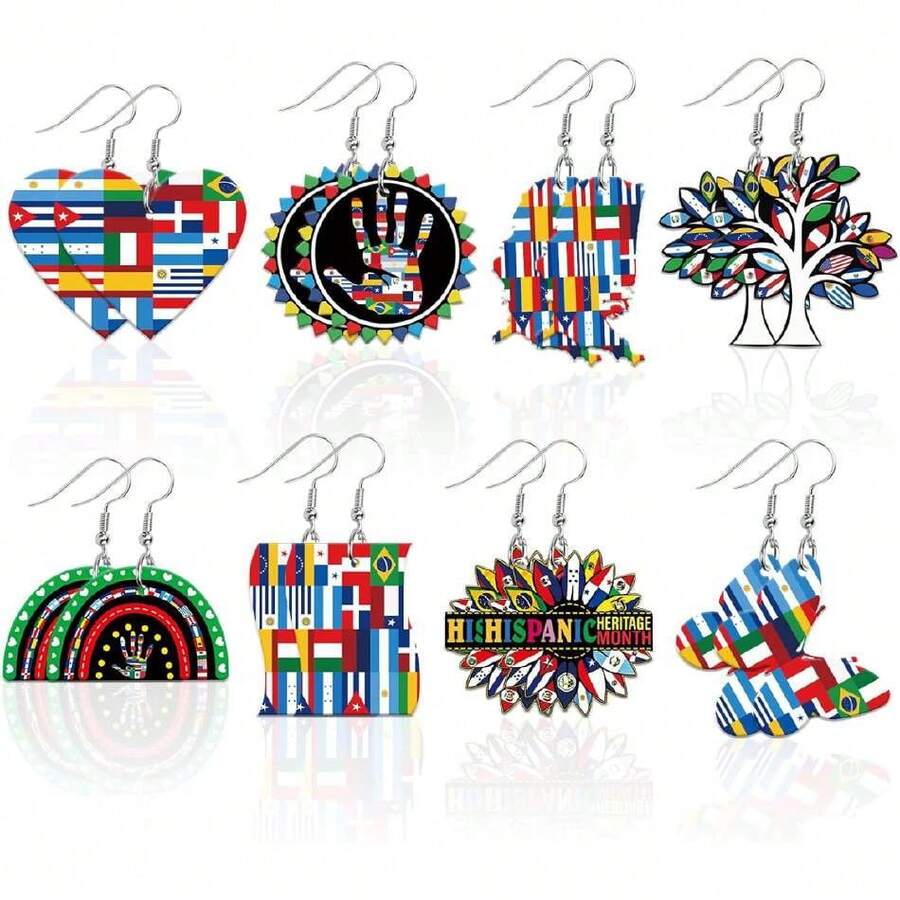 8 Pairs Hispanic Heritage Month Earrings, Hispanic Culture Style For Women Spanish Speaking Countries Flags Acrylic Double Side Design Earrings Holiday Jewelry Gifts,30924011 - 亮橙色 - 查看 1