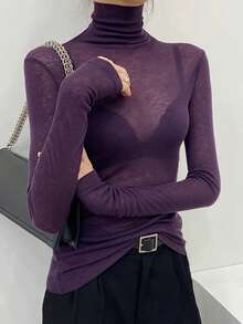 2025新款黑色高领透视网纱薄款长袖T恤，秋冬季叠穿上衣 - 紫丁香色 - 查看 3
