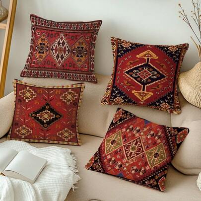 4pcs Bohemian Vintage Geometric Kilim Moroccan Retro Printed Pillow Covers, Polyester Fabric Single-Sided Retro Printing, 17.7*17.7in(45*45cm)/19.69*19.69in(50*50cm)/15.75*15.75in(40*40cm), Red Oriental Ikat Pillow Covers, Kilim Home Decor, Suitable For Home Decoration Living Room Sofa Cushions, All Seasons, Gift