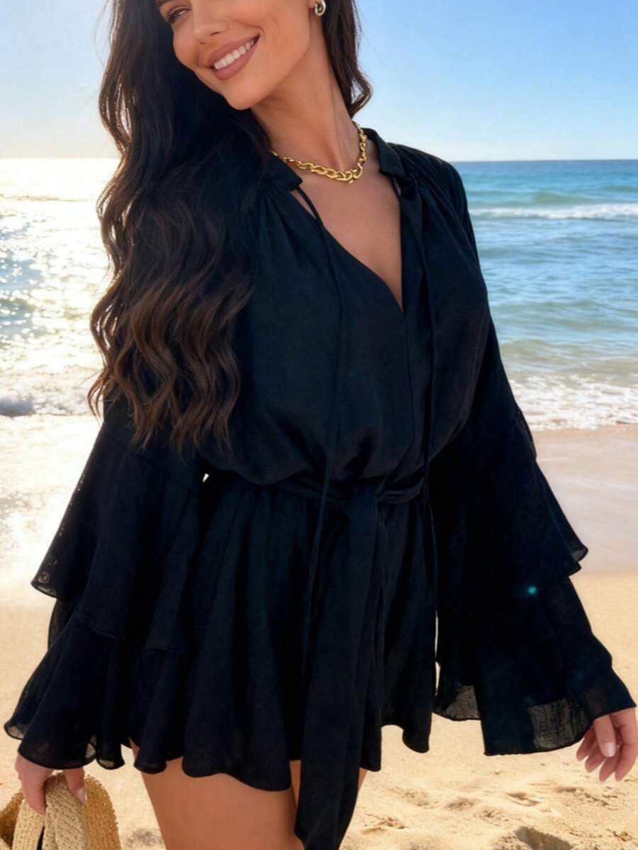 1pc Women's Casual Multi-Layered Sleeve V-Neck Tie Waist Long Sleeve Shirt, Suitable For Spring, Summer, Autumn