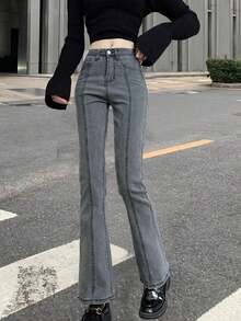Women's Pocket Flared Casual Everyday Versatile Denim Jeans - Grey - View 2