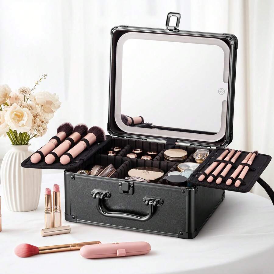 Makeup Bag With LED Mirror, Handheld Travel Makeup Case, Lightweight Large Capacity Makeup Box With Movable Partition, Cruise/Travel Essentials - Black - View 1