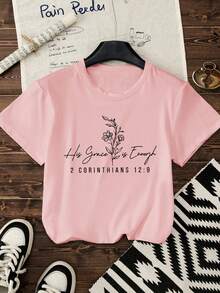 Camiseta con estampado gráfico de letras, de manga corta y cuello redondo, top casual para primavera/verano - Rosa Pálido - Ver 3