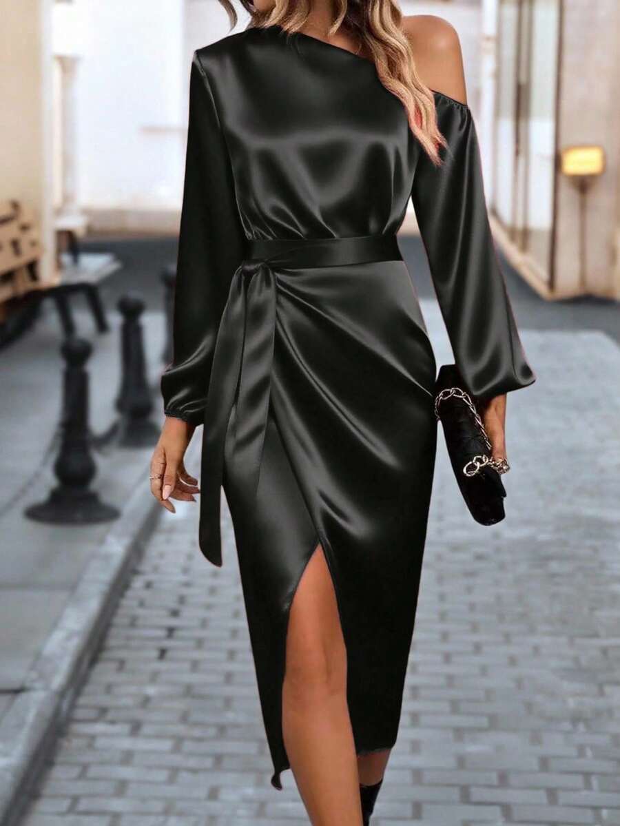 Đầm dự tiệc Giáng sinh cho nữ, đầm thanh lịch màu trơn thắt eo, đầm cưới, đầm ngày Valentine màu đen mùa xuân. - màu đen - Xem 1