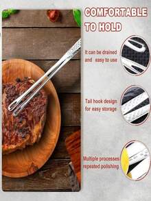 1pc Stainless Steel Food Tongs, Long Handle Non-Slip BBQ Tongs, Steak Tongs, Kitchen Cookware Accessory - Silver - View 3