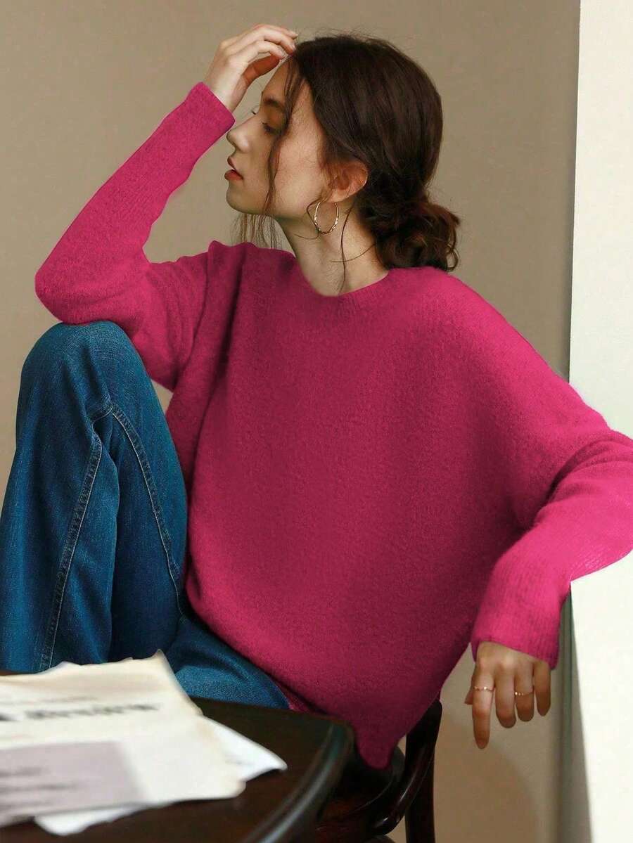 Knit Mix 优雅女士针织法式通勤毛衣，休闲宽松长袖圆领套头衫，适合秋冬季节、圣诞节、感恩节、新年、情人节等节日穿着，也是返校季和秋季的理想之选。 - 樹莓紅色 - 查看 1