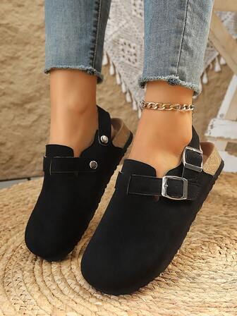 Plusstorlek svarta slip-on mulesandaler, bekväma mjuka slip-on casual sneakers för kvinnor