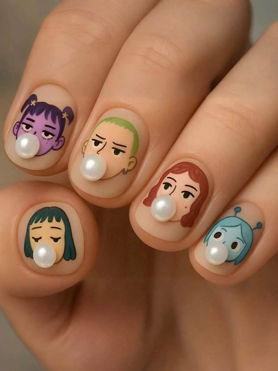 24片短椭圆形美甲贴纸，日系动漫风格假指甲，泡泡女孩3D珍珠设计，可爱俏皮风格，女士美甲贴纸 - 彩色 - 查看 1