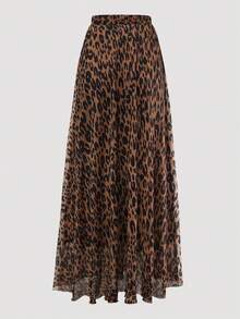 Women Autumn Solid Crew Neck Pleated Fitted Long Sleeve T-Shirt + Leopard Print Skirt Casual 2 Pieces Outfit - Multicolor - View 6