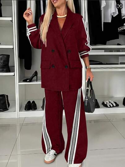 2 件套纯色缎带双排扣西装外套和直筒裤，适合办公室和休闲装