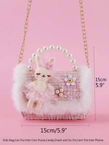 1pc Cartoon Rabbit & Fluffy Lace Pearl Decor PU Felt Material Flap Closure Chain Strap Casual Beaded Handbag, Crossbody Bag For Snacks & Coins, Suitable For Birthday Gift & Daily Use, Teens - Wool Lace - Rabbit - View 3