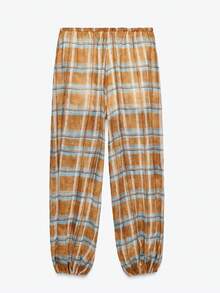 Women Baggy Balloon Pants Bubble Pleated Oversized Bloomers Wide Leg Lantern Harem Bloomer Pants - 橘色 - 查看 7