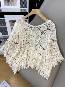 Women's Summer Lace Long Sleeve Blouse - Boho Chic Top With Intricate Cut-Out Details & Flared Hem, Casual Streetwear For City Walks/Weekend Outings/Dates | Lightweight & Breathable - Apricot - View 2