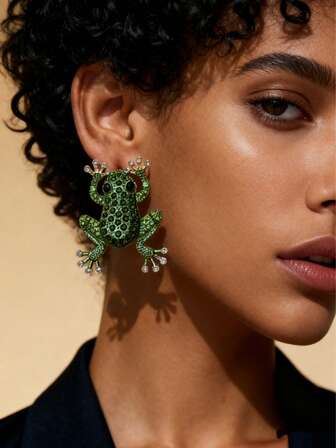 1对夸张青蛙造型水钻时尚耳环（女士款）