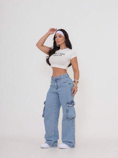 CHARME INFINITO MODA Calça Cargo Wide Leg Pantalona cintura alta Simples    Casual    Jeans    Zíper  Bolso  Botão    Diário