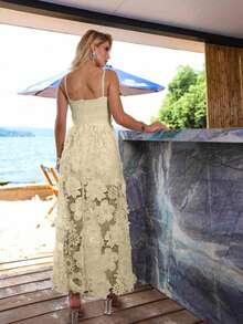 Long Guipure Lace Dress / With Built-In Bra / Back Zipper / 9612 - Apricot - View 4