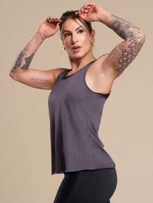 Women's Basic Plain Tank Top, Racerback Style, Mesh, Gym T-Shirt, Lightweight Fabric, Perforated, RIQ Modas - 灰色 - 查看 3