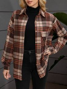 Vintage gebürstetes, verstärktes kariertes Langarmhemd, geeignet für den täglichen Arbeitsweg, locker geschnitten - Kaffeebraun - Übersicht 8