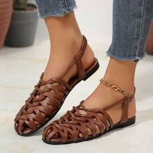 Women's Vintage Style Woven Hollow Closed Toe Chunky Heeled Sandals, Versatile Summer/Spring/Fall Retro Roman Shoes - Brown - View 12