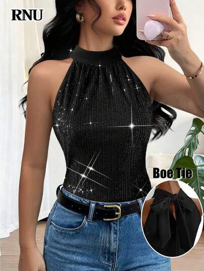RNU เสื้อเบลาส์คอกระเช้าเลื่อมสีทองแชมเปญสำหรับผู้หญิง, เสื้อกล้ามเปลือยหลังยืดหยุ่นเซ็กซี่สำหรับใส่ไปเดท/ปาร์ตี้/ไนท์คลับ/สตรีท/วันวาเลนไทน์/วันเกิด/ชุดฮัลโลวีนคริสต์มาส/ฤดูใบไม้ผลิ/ฤดูร้อน/ฤดูใบไม้ร่วง/ฤดูหนาว ชุดลำลองสำหรับธุรกิจ คอนเสิร์ต ชุดทำงานสำนักงาน ชุดฤดูใบไม้ร่วงปีใหม่ สำหรับแขกรับเชิญงานแต่งงาน เสื้อเบลาส์สตรี 1 ชิ้น