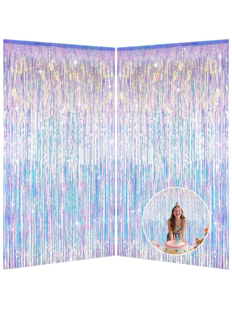 1/2pcs Neon Transparent Fringe Curtains, Aluminum Foil Background Metal Wire Curtains, Fringe Curtains Party Decorations,Backdrop Curtains For Parties,Photo Booth Wedding Graduations Birthday Mermaid Frozen Sea Party Supplies (Iridescent) - Multicolor - View 1